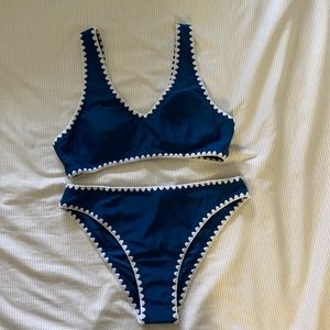 Cupshe Blue and White Crochet Trim Sporty Bikini